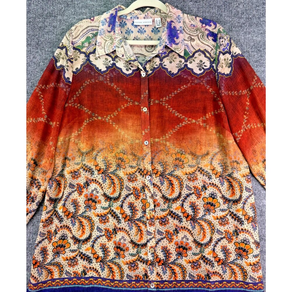 Susan Graver Button Front Tunic Top L Floral Paisley Print Long Sleeve Boho - Picture 3 of 15